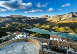Панорамный вид на Гвадалест, замок и бирюзовое водохранилище